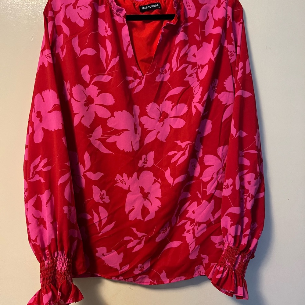 Pink and Red Floral V-Neck Blouse
